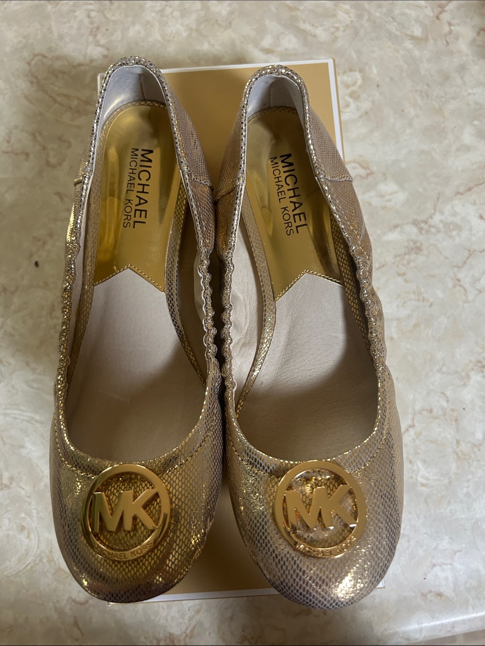 MICHAEL Michael Kors Metallic Gold MK Logo Ballet Flats